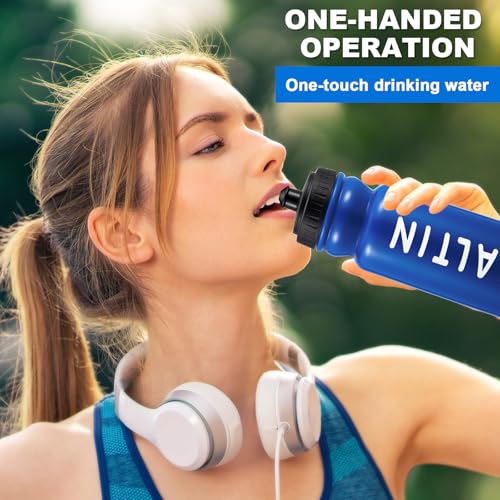 Suclain Water Bottle Carrier with 20 Oz Bottles and Stickers Plastic Wide Mouth Sports Water Bottle Squeeze Team Bottles with Black Lid for Fitness Bike Gym(14 Pcs,Dark Blue) - color: Dark Blue