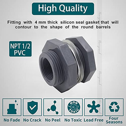NPT1/2 PVC Bulkhead Fitting, Plastic Pipe Connector for rain Barrel Garden Hose Adapter Spigot kit Water Tank Gallon Drain Bucket (pack of 4 pcs) - size: NPT1/2 female thread (3/4 inch I.D.）PVC