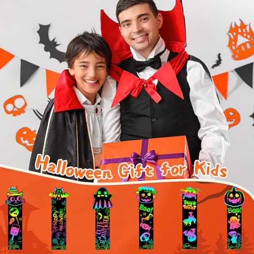 JUNEBRUSHS 30Pcs Halloween Scratch Bookmarks, Rainbow Magic Scratch Paper Art Pumpkin Bat Spider DIY Crafts Kit for School Classroom Activity Halloween Gifts - style: Halloween Style