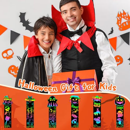 JUNEBRUSHS 30Pcs Halloween Scratch Bookmarks, Rainbow Magic Scratch Paper Art Pumpkin Bat Spider DIY Crafts Kit for School Classroom Activity Halloween Gifts - style: Halloween Style