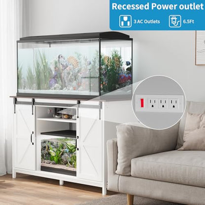 VOWNER Farmhouse 55-75 Gallon Fish Tank Stand with Power Outlet, Grey | Aquarium Stand with Storage Cabinet and Sliding Barn Door, Heavy Duty Reptile Tank Stand, for 2 Tanks, 1000LBS Capacity - color: White + Walnut