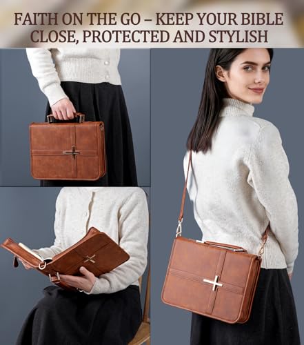 Vegan Leather Bible Cover Case, Bible Bag with Phone Pocket, Bible Case for Men Women, Christian Gift Box Packaging (Brown - with Strap) - color: Brown - With Strap