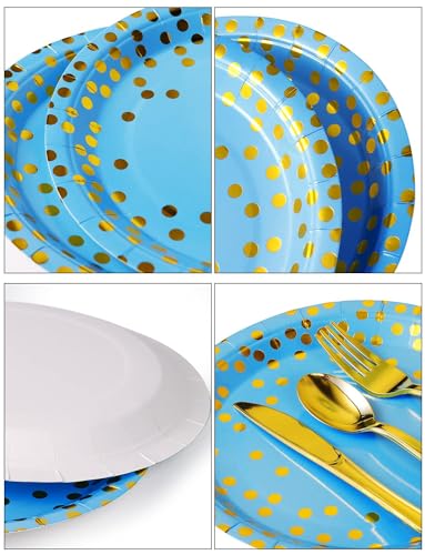 Nkaiso 141Pcs Blue Gold Paper Plates and Napkins Party Supplies-20 Guests - color: Sky Blue Gold