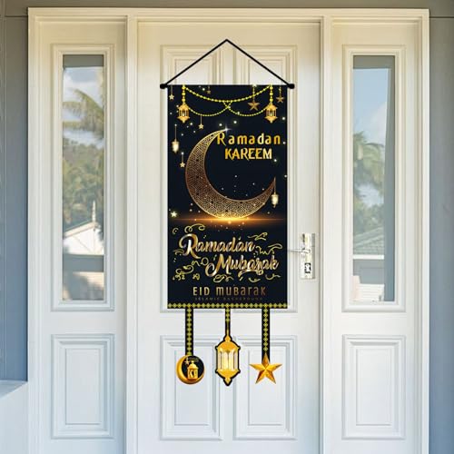 2 in 1 Ramadan EID Mubarak Hanging Door Sign EID Decorative Hanging Sign Party Decorations Black Gold Moon Lantern Banner for Ramadan Kareem Eid Al-Adha Sign Home Decor Party Supplies Favor - color: Black-Gold