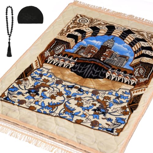 Muslim Prayer Rug with Tasbih Prayer Beads & Kufi Hat, Padded Very Thick Prayer Rug Sajadah for Men and Women (Beige2) - color: Beige2