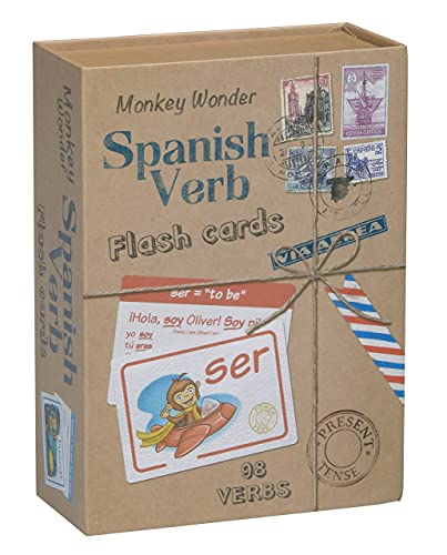 Spanish Verb Flash Cards by Monkey Wonder - Learn Spanish with 98 Verbs Defined with Full Conjugation, for Kids and Adults, Home and Classroom Back-to-School