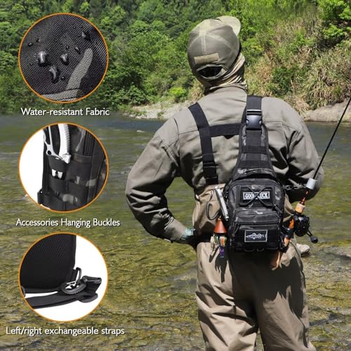Small Fishing Backpack, Waterproof Fly Fishing Sling Pack Tackle Bag with Tackle Boxes - color: A-Black(Size:17.7*8.5*5.7in)