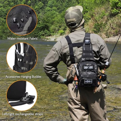 Small Fishing Backpack, Waterproof Fly Fishing Sling Pack Tackle Bag with Tackle Boxes - color: A-Black(Size:17.7*8.5*5.7in)
