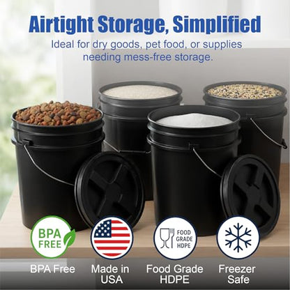 5 Gallon Bucket - Food Grade w/Lid BPA-Free, Black/Black, 6 | Airtight Gamma Seal Screw-On Lid, Heavy-Duty 90 Mil HDPE Plastic, Food Safe and Durable Container, Bulk Storage, Made in USA - color: Black/Black, size: 6 Packs
