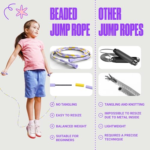 Sportbit Custom-Fit Beaded Jump Rope – Adjustable Length for Kids & Adults, Men & Women – Durable Fitness Rope for Gym & Home - color: Purple / Yellow / White