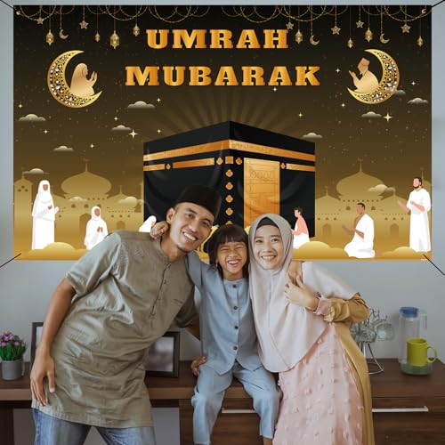 Umrah Mubarak Banner, 71×43 Inch Large Photo Booth Ramadan Mubarak Banner, Hajj Kaaba Background Ramadan Decorations for Home lslamic Muslim Eid Al-Fitr Party Favors - size: 71×43 Inch