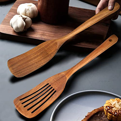 2 Pack Wooden Non Toxic Spatulas for Kitchen Utensils Set Acacia Wood Cooking Spatula Flat Wok Pancake Turner Bamboo Slotted Spoon for Cooking Utensil Spurtle Scraper Long Fish Egg Flipper Spatulas - color: 2Pcs-Natural