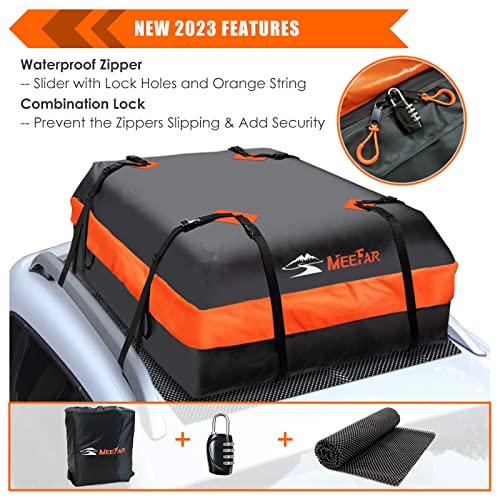 MeeFar Car Roof Bag XBEEK Rooftop top Cargo Carrier Bag Waterproof 15 Cubic feet for All Cars with/Without Rack, Includes Anti-Slip Mat, 8 Reinforced Straps, 6 Door Hooks, Luggage Lock - size: 15 Cubic Feet