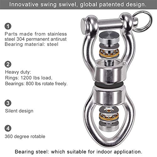 SELEWARE Heavy Duty Bearing Swing Swivel, 360° Rotation Hanging Accessory | Quiet Smooth Rotation, Supports Up to 1200LB, 1 Pack, Removable Buckle for Swings, Hammocks, Tire Swings and Heavy Bags - color: Swivel (D) Only