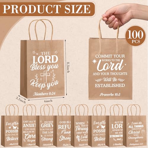 Chiisong 100 Pcs Christian Gift Bags, Fathers Day Religious Bible Verse Treat Bags with Handles Inspirational Church Scripture Bag for Women Wedding Baptism Birthday Party Favor(Kraft with White) - color: Kraft with White