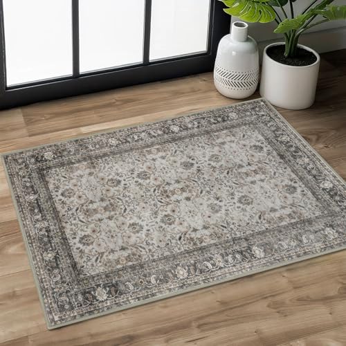 SIILOOM 2x3 Washable Rug Soft Area Rug for Entryway, Ivory Grey Slip-Resistant Indoor Door Mat Tribal Floral Low-Pile Kitchen Rugs, Vintage Tribal Carpet for Entrance Kitchen Farmhouse - color: Ivory/Grey, size: 2' x 3' (Rectangular)