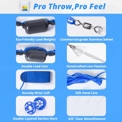 1.3 lbs/ft Fishing Cast Net with Eco-Friendly Lead Weights, ProCast Series | 3/8 inch Mesh Size, Throw Nets for Freshwater & Saltwater, 4/6/8/10/12 Ft Radius Casting Net - size: 8-ft radius