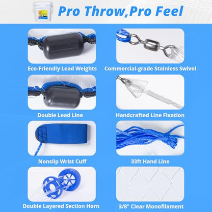 1.3 lbs/ft Fishing Cast Net with Eco-Friendly Lead Weights, ProCast Series | 3/8 inch Mesh Size, Throw Nets for Freshwater & Saltwater, 4/6/8/10/12 Ft Radius Casting Net - size: 8-ft radius
