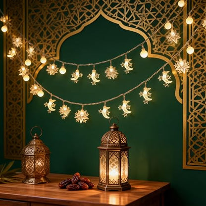 Led Fairy Lights, LED String Lights Adorned with Ramadan Stars, Moons for Bedroom, Christmas, Parties, Wedding, Centerpiece, Decoration (3m/9.8ft Warm White)