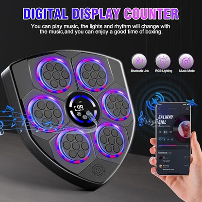 Music Boxing Machine Smart with Rhythm LED – Wall Mounted for Adults & Kids – Incl. Adult Gloves, Headband & 3 Reflex Balls – 9 Modes, Bluetooth Music Sync, Home/Office/Gym Sturdy Fitness Set
