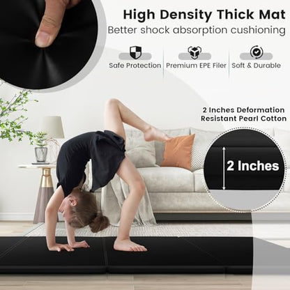 Goplus Folding Gymnastics Mat, 10’ x 4’ x 2’’ Thick Tumbling Mats with PU Leather, Hook & Loop Fasteners, Portable Handles, 4-Panel Exercise Mat for Home Gym Workouts, Yoga - color: Black