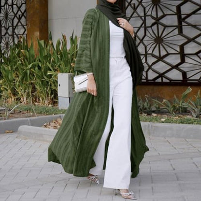 Womens Muslim Kimono Abaya Solid Striped Retro Ethnic Cardigan Robe Dubai Middle Eastern Saudi Arabia Eid Clothes - color: Green Long Cardigan, size: Medium