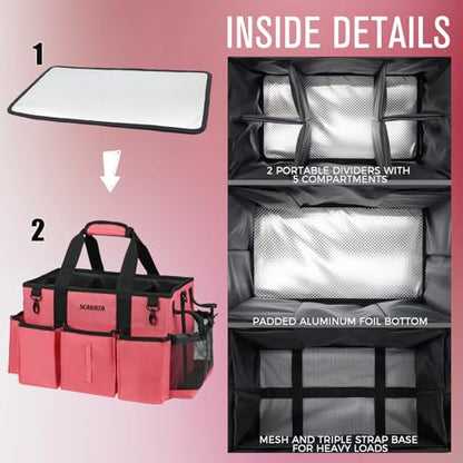 SCAVATA Wearable Cleaning Caddy Bag, Cleaning Caddy Supplies Organizer with Handle & Shoulder Straps for Housekeepers, Under Sink & Car Cleaning Tool Organizers with 4 Foldable Divider (RoseRed) - color: RoseRed