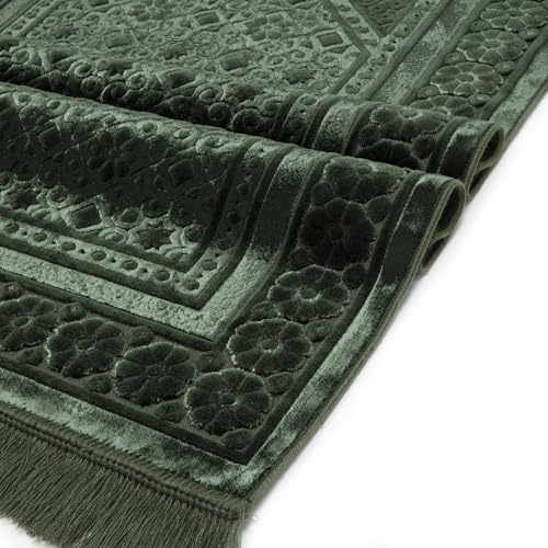 Modefa Velvet Prayer Rug - Soft Plush Turkish Janamaz Sajada Carpet for Men and Women - Plain Solid Prayer Mat Ramadan Eid Gift - with Prayer Beads - Luxury Floral Stamp (Dark Green) - color: Dark Green