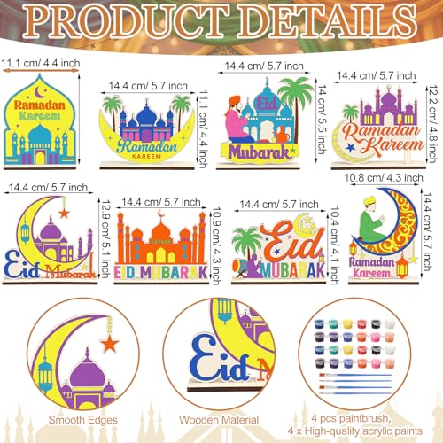 DoubleFill 16 Pcs Wooden Islamic Crafts, DIY Mubarak Tabletop Signs with Paint Strips and Brushes, Paint Your Own Muslim School Classroom Art Activity Kit for Mosque Party Home Decor, Back to School - style: Ramadan