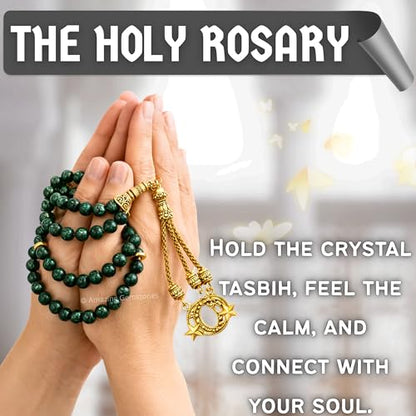 Amazing Gemstone Crystal Tasbeeh with Moon and Star Charm - Certified Crystal Muslim Prayer Beads Natural Gemstone Tasbih Gift for Ramadan Dhikr and Daily Namaz (G) - color: Green Goldstone