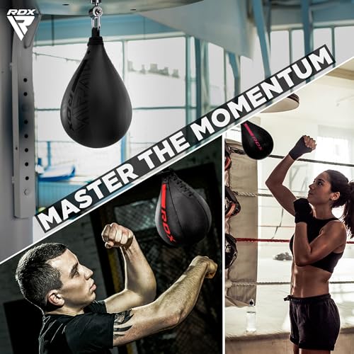 RDX Speed Bag Boxing Ball, Maya Hide Leather Dodge Striking Target with Additional Bladder, MMA Muay Thai Punching Workout Kicking Martial Arts Training Home Gym Exercise Speedball - color: BLACK RED, size: Speed Bag without Swivel