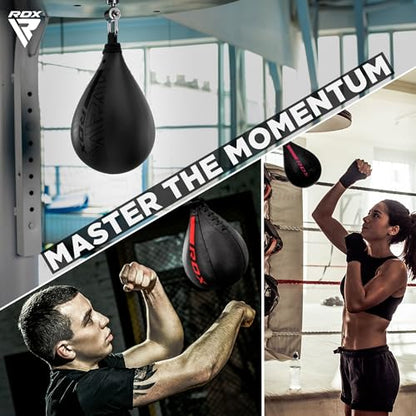 RDX Speed Bag Boxing Ball, Maya Hide Leather Dodge Striking Target with Additional Bladder, MMA Muay Thai Punching Workout Kicking Martial Arts Training Home Gym Exercise Speedball - color: BLACK RED, size: Speed Bag without Swivel
