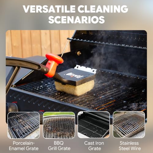 Feasto 6-in-1 Bristle-Free BBQ Grill Brush for Grill & Griddles | Interwoven-Tech & Thermal-Sensitive Sponge, Stainless Steel Scraper, 360° Rotating Knob, Bottle Opener & Grates Hook - color: Black