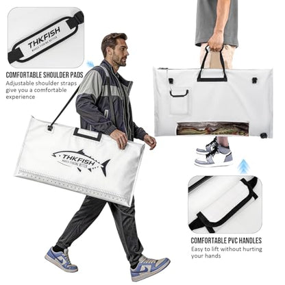 THKFISH Fish Tournament Weigh in Bag for Bass Fishing, Heavy Duty Insulated Live Fish Bag for Caught Fish with Waterproof Zipper and Mesh Liner, Leakproof,Puncture Resistant(White-32×19.7in) - color: White-32×19.7in