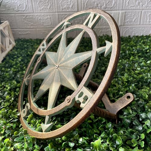 Verdigris Green Finish Cast Iron Nautical Compass Rose Wall Mounted Decorative Hanging Garden Hose Hanger - Hose Holder Organizer for Outdoor Spaces - 12 Inches in Diameter | Nautical Round Face, Holds Approximately 75 Feet, 5.5 Inch Deep, Bolts and Ancho
