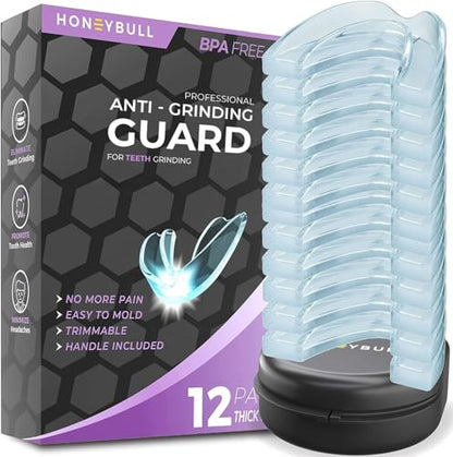 HONEYBULL Anti Grinding Guard Set for Heavy Grinding, Comfortable Custom Mouth Guard for Nighttime Teeth Grinding (12 Pack - Thick) - size: Thick
