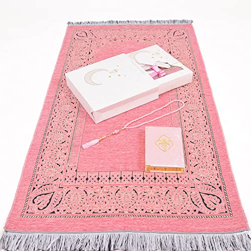 IEF Personalized Prayer Rug Quran Prayer Beads Islamic Gift Set, Ramadan Eid Wedding Birthday Mother's Day Father's Day Anniversary Day Gifts - color: Pink with Bag