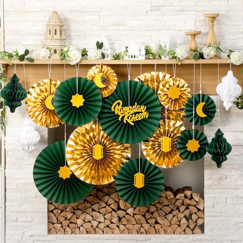Epakh 29 Pcs Eid al Adha Decorations for Home Eid al Adha Hanging Paper Lantern Wall Ceiling Decoration Honeycomb Paper Fan Decoration Home Wedding Party Supply(Green & Gold) - color: Green & Gold
