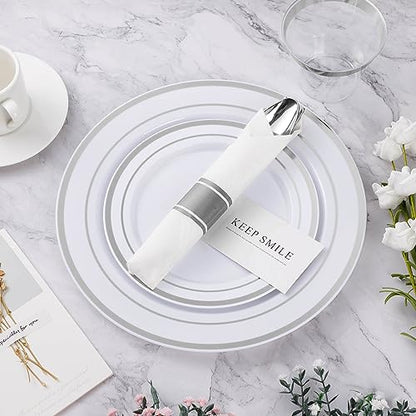 BESTVIP 350PCS Silver Plastic Dinnerware Set, Disposable Party Plates for 50 Guests, Include: 100 Plastic Plates, 50 Pre Rolled Napkins with Silver Silverware, 50 Cups - color: Silver, size: 50 Guests