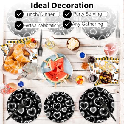 Qyeahkj 100 Pcs 2000s Party Plates Napkins Forks Set Black Heart Tableware Supplies Y2k Theme Birthday Party Decoration Early 2000s Dinnerware Decorations Favors for Birthday Party Serve 25 - style: 2000s black heart