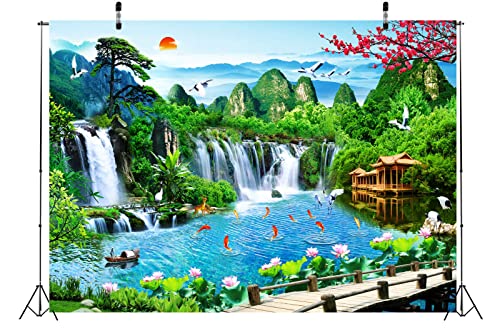 BELECO 12x10ft Fabric Mountain Lake Wonderland Backdrop for Photography Waterfalls Backdrop Mountain Pavilion Bridge Lotus Crane Spring Flowers Asian Landscape Painting Nature Backgroud Photo Props - size: 12x10FT
