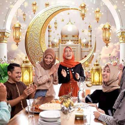 Ramadan Mubarak Backdrop for Photography 7x5FT Pink Flowers Islamic Muslim Lantern Gold Crescent Moon Castle Background Eid Mubarak Banner Decorations Photo Props