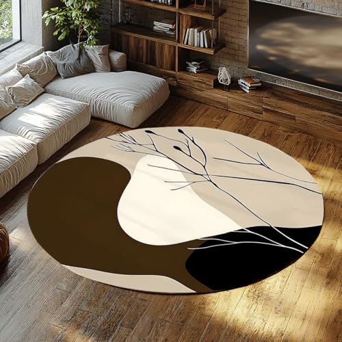 Modern Abstract Round Area Rug 2ft for Dining Room Minimalist Brown Black Shape Tree Branch Line Art Carpets Foldable Anti Slip Machine Washable Thin Floor Mats Entryway Circle Rugs Hotel Decor - color: Ydt03, size: 2ft (Round)
