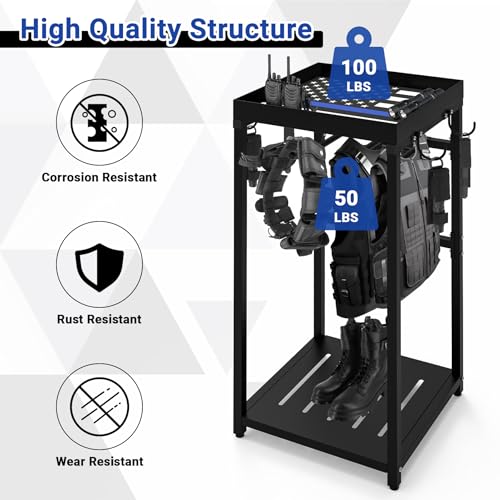 Neoaider Police Gear Rack, Police Hanger with Hooks | Tactical Duty Gear Rack Decor with Thin Blue Line Flag, Black Body Armor Stand for Police Gift - size: Police Gear Stand