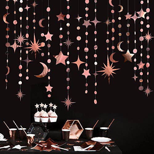 Rose Gold Star Moon Party Decorations Gold Circle Dot Garland Crescent and Twinkle Little Star Streamer Banner for to The Moon Birthday Witchy Whimsical Ramadan EID Mubarak Celestial Decor Supplies - color: Rose Gold