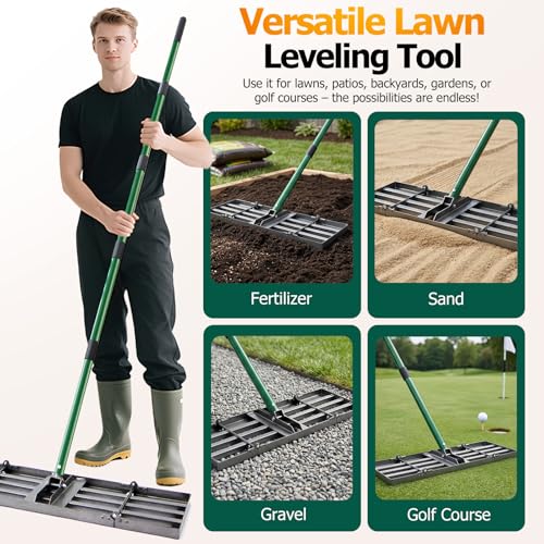 30"x10" Lawn Leveling Rake, Heavy Duty Lawn Leveler with 33"-77" Adjustable Handle, Foldable Ground Leveling Tool for Soil, Sand, Gravel, Ergonomic Design for Lawns, Golf Courses and Backyards