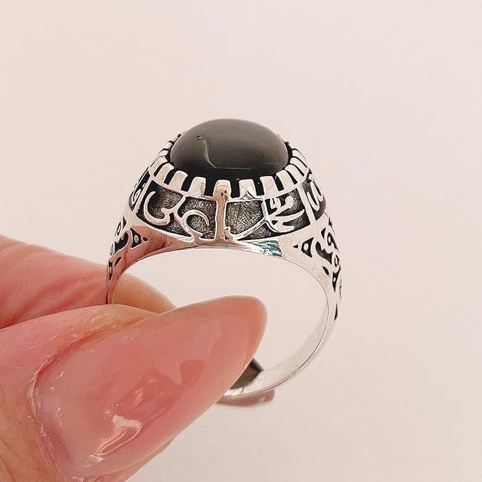 Islamic Sterling Silver Ring with Black Yemeni Aqeeq Stone, 925 Silver Religious Engraved Design, Ahlulbayt Muslim Prayer Jewelry for Men and Women,islamic ring,islamic men wowan ring - color: Black Onyx