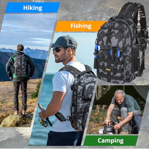 PLUSINNO Fishing Backpack with Fishing Rod &Tackle Boxes, Waterproof Sling Tackle Bag for Fish Gear with Rod Holder, Gifts for Men with Lures, Pliers, Fish Lip Gripper. - color: Fishing Backpack With Fishing Rod