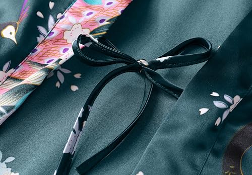 BABEYOND Women's Kimono Robe Long Satin Robes with Peacock and Blossoms Printed Kimono Nightgown - color: Black Blue, size: One Size