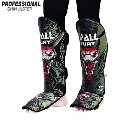 Muay Thai Shin Guards for Kickboxing Martial Arts BJJ Boxing Equipment MMA Training and Sparring Leg Guard with Instep Protection Pads - color: Fury-Green, size: Large/Xlarge